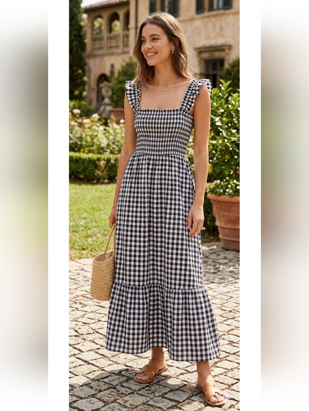Gingham Cotton Smocked Maxi Dress - Medium W/Pockets